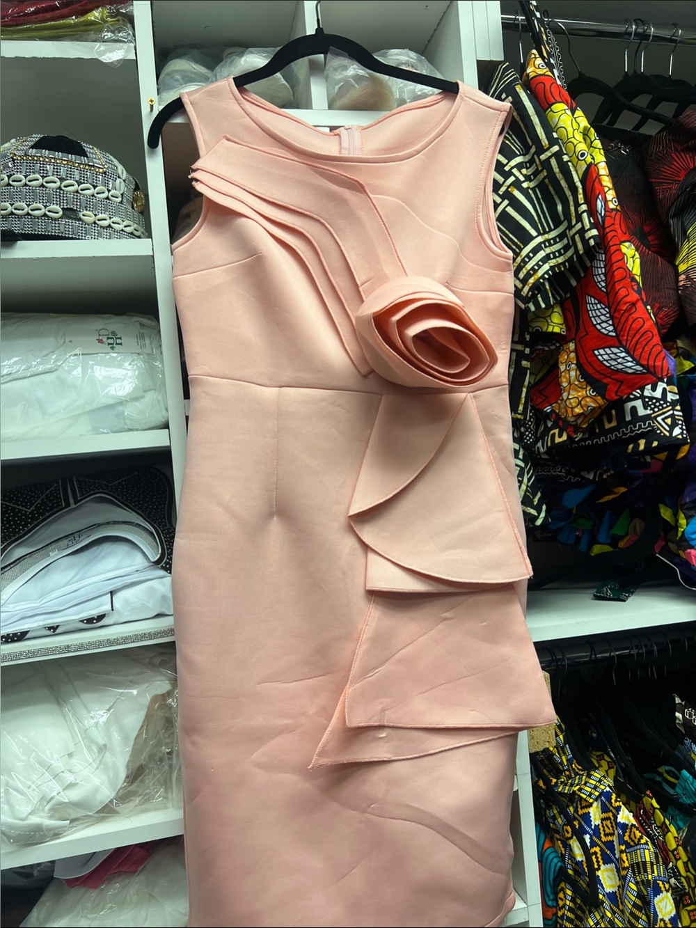 Sleeveless Peach Midi Dress with Rosette & Layered Drapes